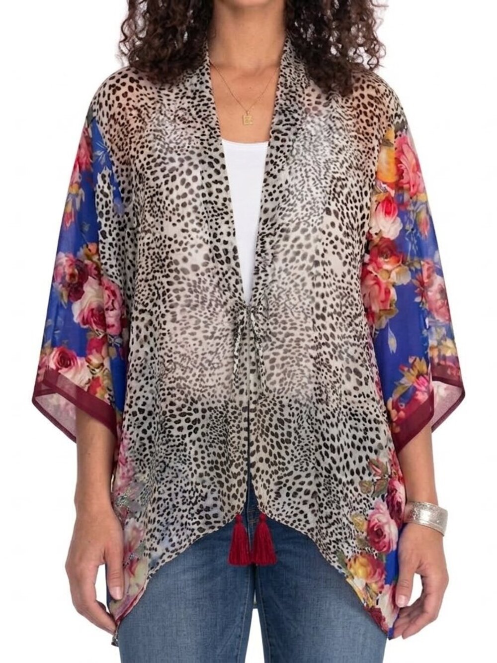 NWT Johnny Was Oksana 100% Silk Short Kimono Cover Up Floral Cheetah Leopard M